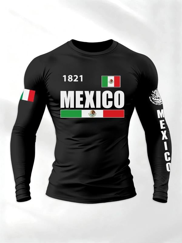 Men's Sporty Long Sleeve T-Shirt, Spring & Fall Fashion Round Neck, Mexican Eagle Snake Letter Pattern, Comfortable Streetwear