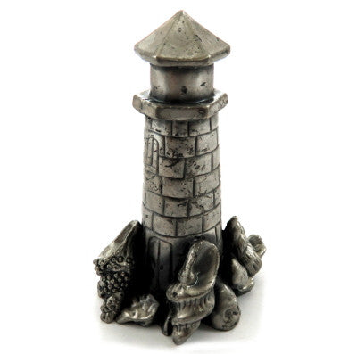 Candle snuffer made of pewter shaped as a light house with sea shells around the base cs2